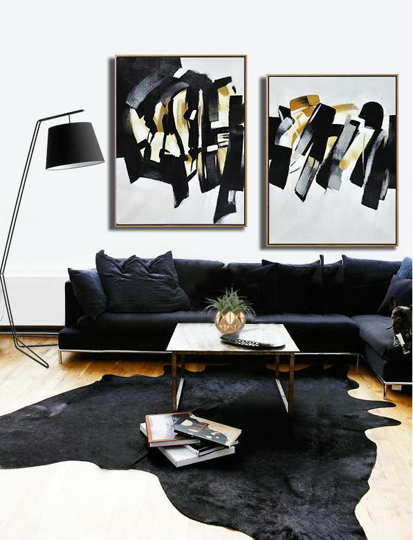 Huge Abstract Painting On Canvas,Large Set Of 2 Blue Minimalist Painting On Canvas - Hand Painted Acrylic Painting